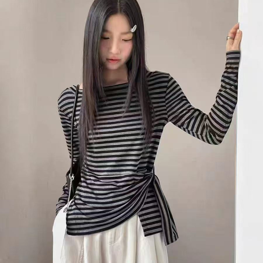 不规则绑带收腰长袖t恤女秋季新款针织打底上衣