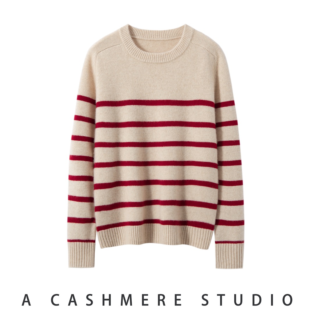 100%纯山羊绒条纹圆领羊绒衫拼色针织衫针织休闲加厚女士保暖毛衣