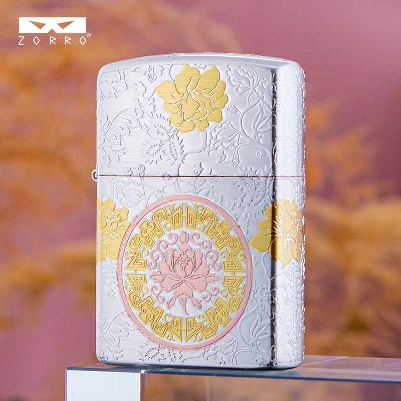 佐罗zorro二代包银双色牡丹煤油打火机防风男士经典砂轮点火送礼