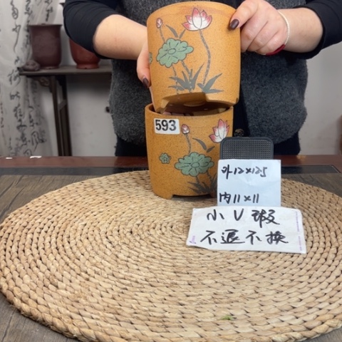 紫砂花盆微瑕柴烧手绘直筒到手两只593