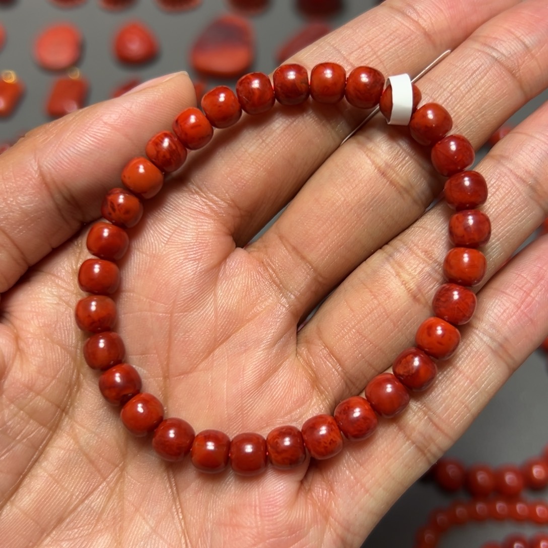 南红玛瑙未镶嵌手串 玫锦红妖火焰 约6.5mm 满肉