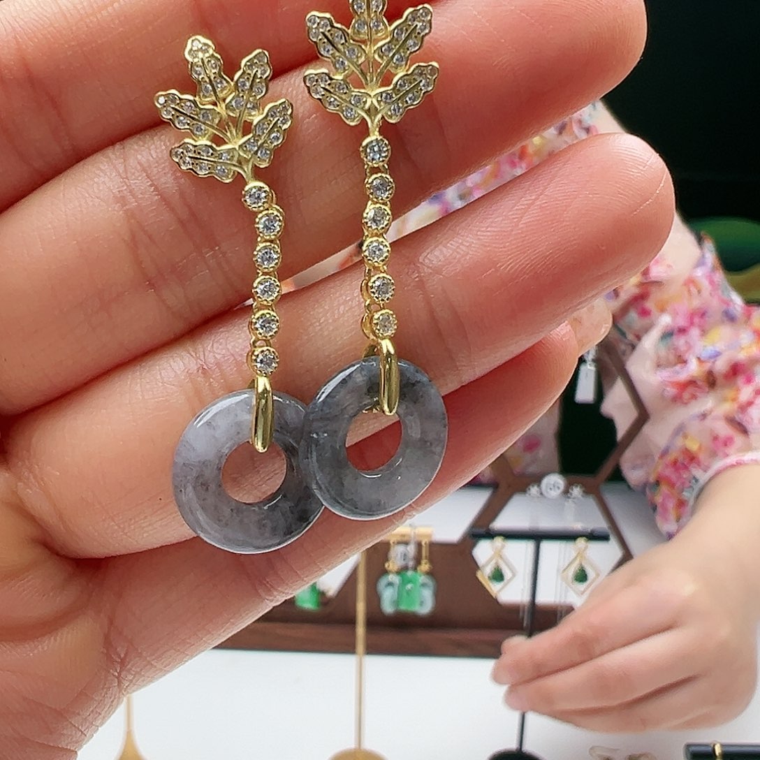 翡翠耳饰银S925镶嵌天然翡翠