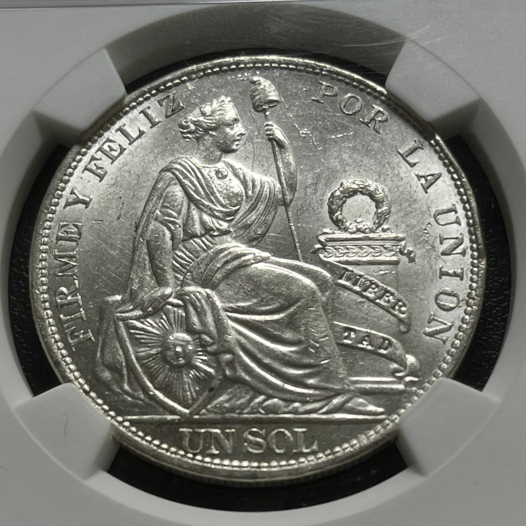 NGC MS62秘鲁1915年丰收女神1索尔银币 高银版