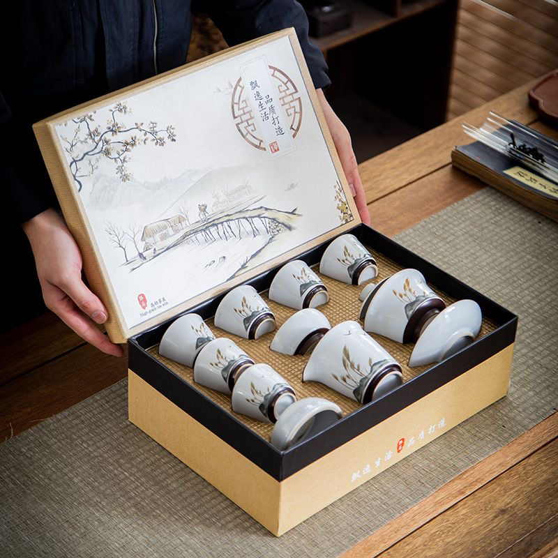 A-67(礼盒装)官窑芦苇家用陶瓷茶具套装盖碗茶杯礼品