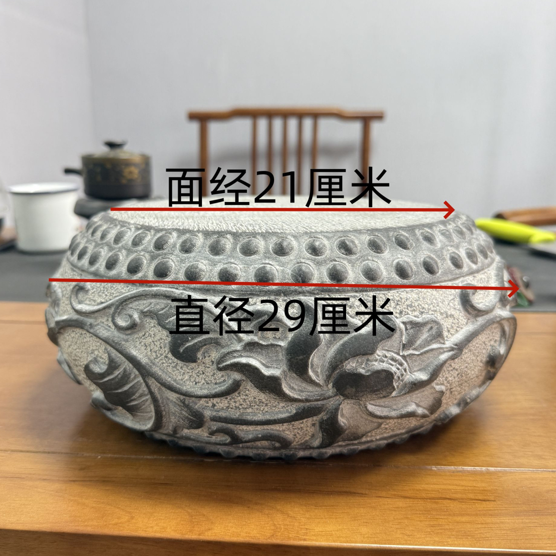 山西青石桌面摆件缠枝莲石鼓