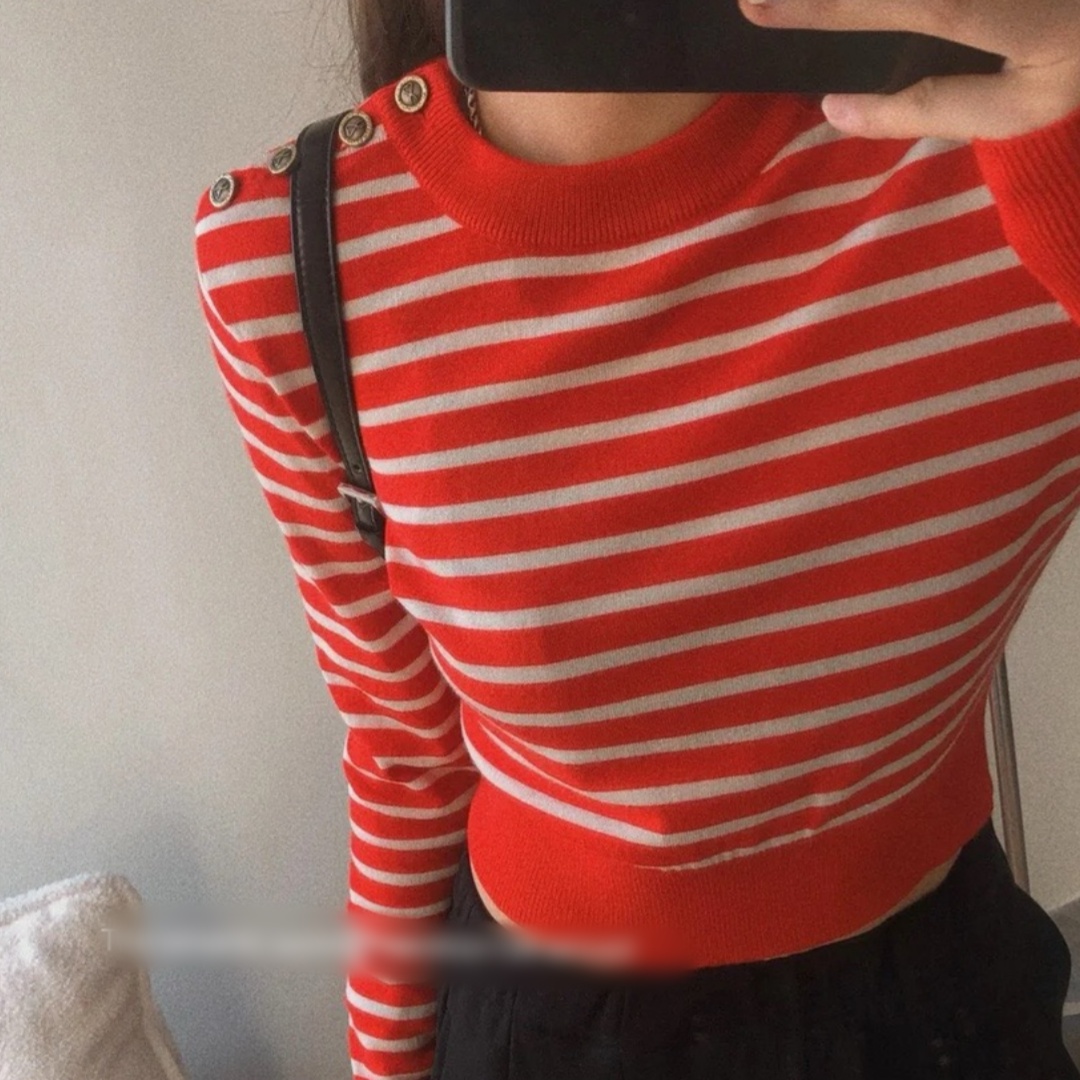 WENNI A*I条纹 / 秋冬女通勤日常肩扣圆领条纹针织衫2357