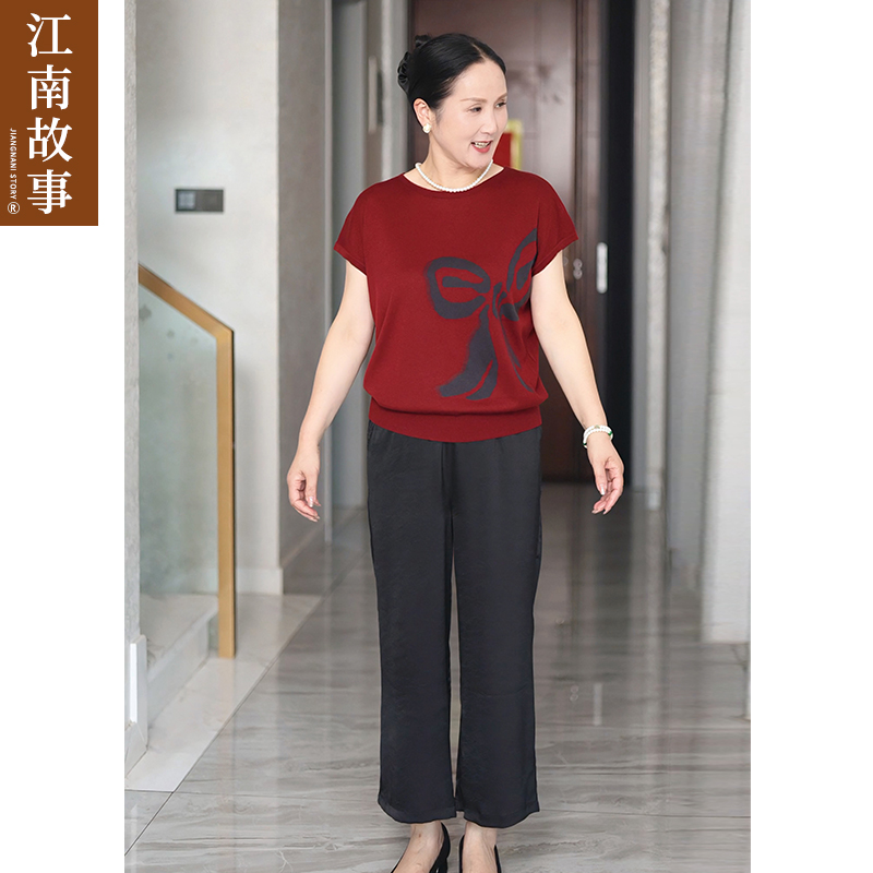 2025新款早秋针织短袖蝴蝶结印花T恤减龄妈妈装上衣