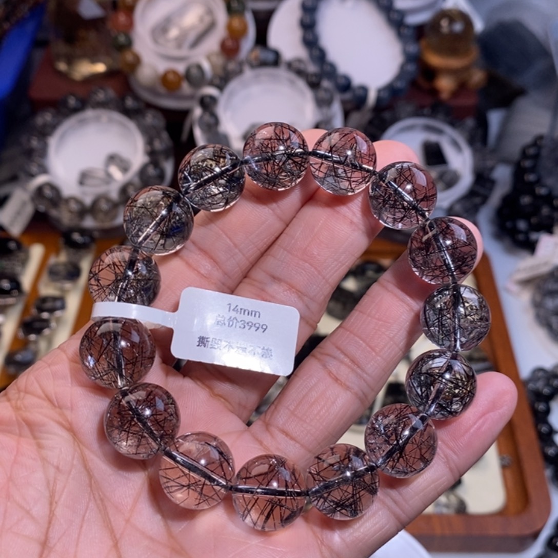 会***鱼水晶手链未镶嵌黑发晶全透体满发14mm蕾丝