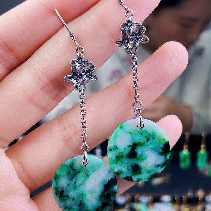 翡翠耳饰银S925镶嵌饰品