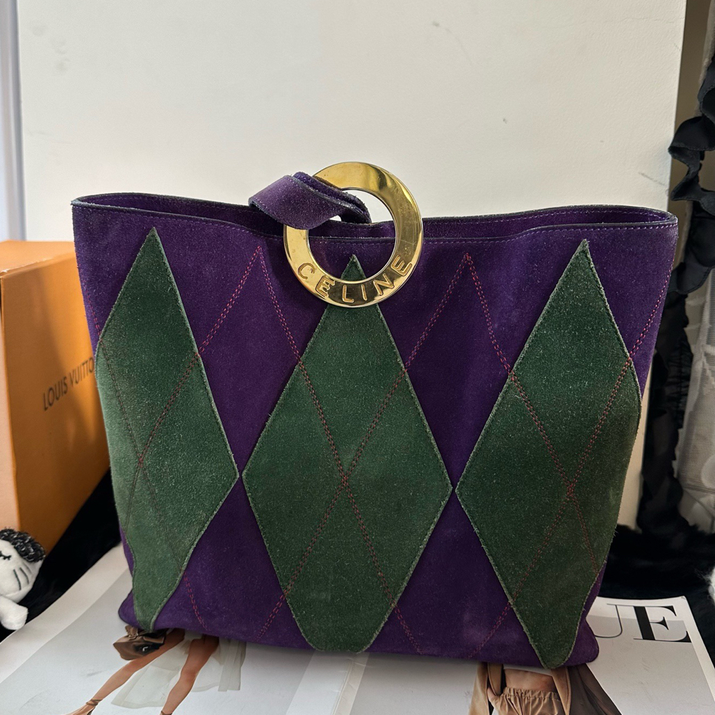 95新 Celine/思琳 Celine/思琳 紫绿拼色大金环麂皮水桶包 