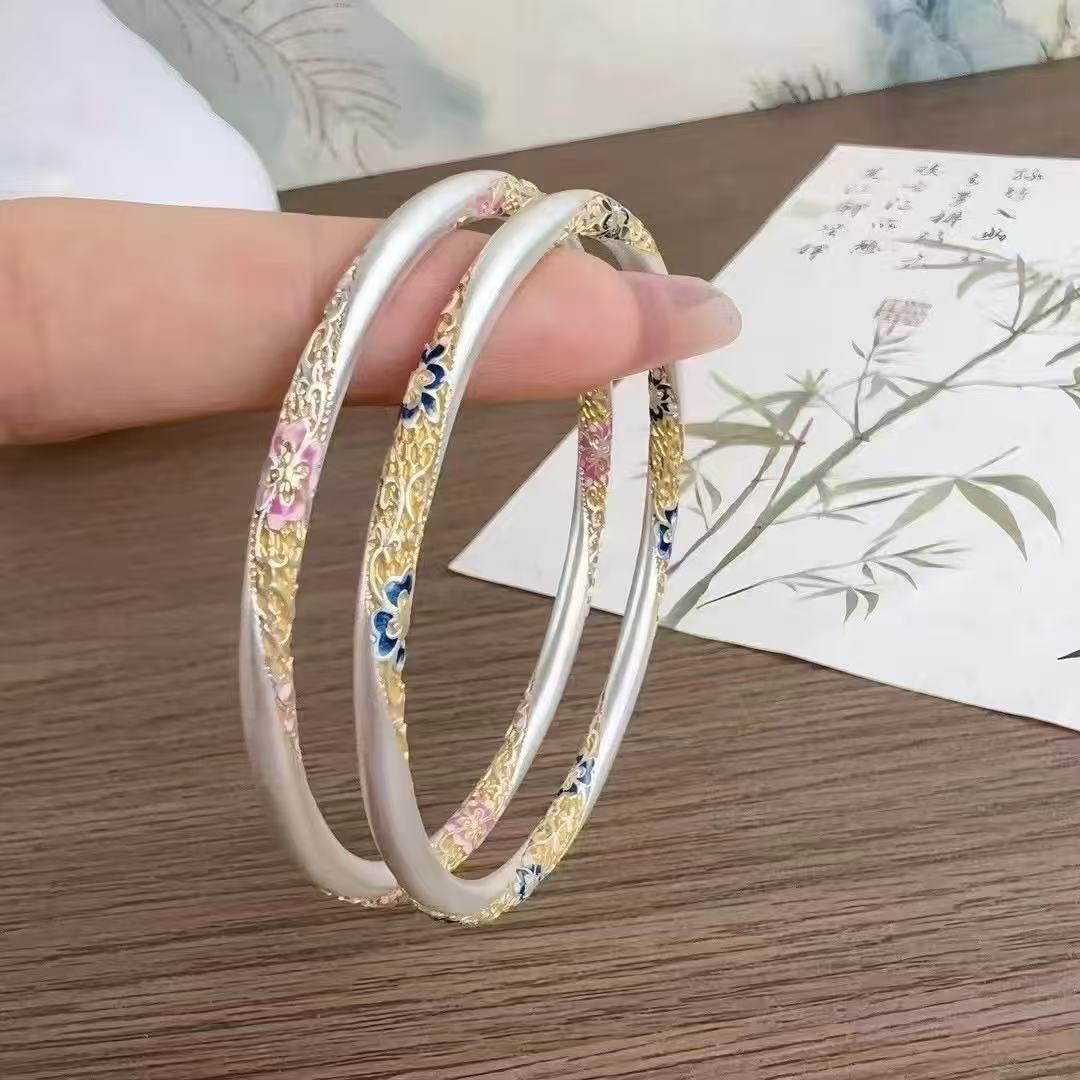 足银手镯H2足银9999卷草纹繁花描金珐琅彩实心闭口手镯