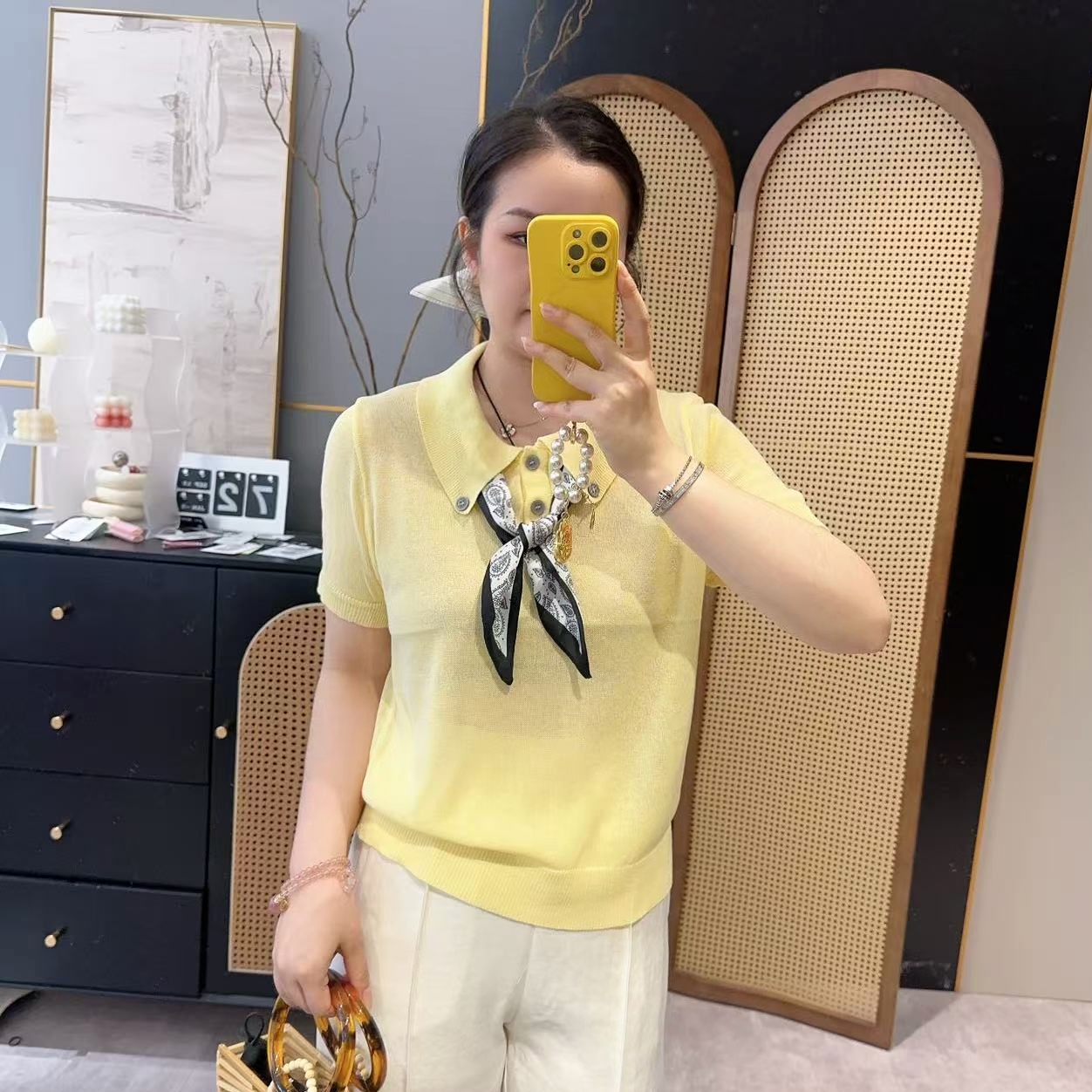 【欧加粒粒】新款翻领钉扣配丝巾短袖针织衫夏季气质小衫 H25060101