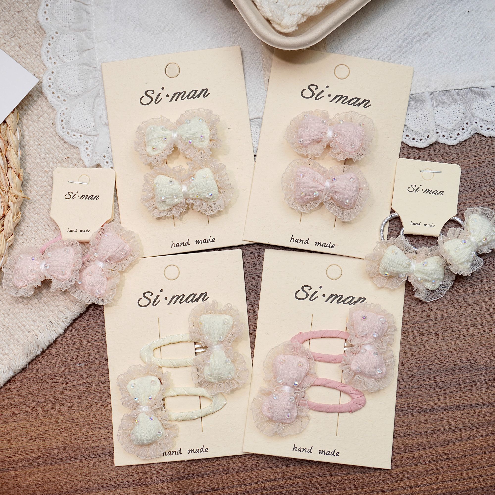 满9.9飞 新款蕾丝花边蝴蝶结公主风布艺儿童发夹BB夹宝宝发绳发饰