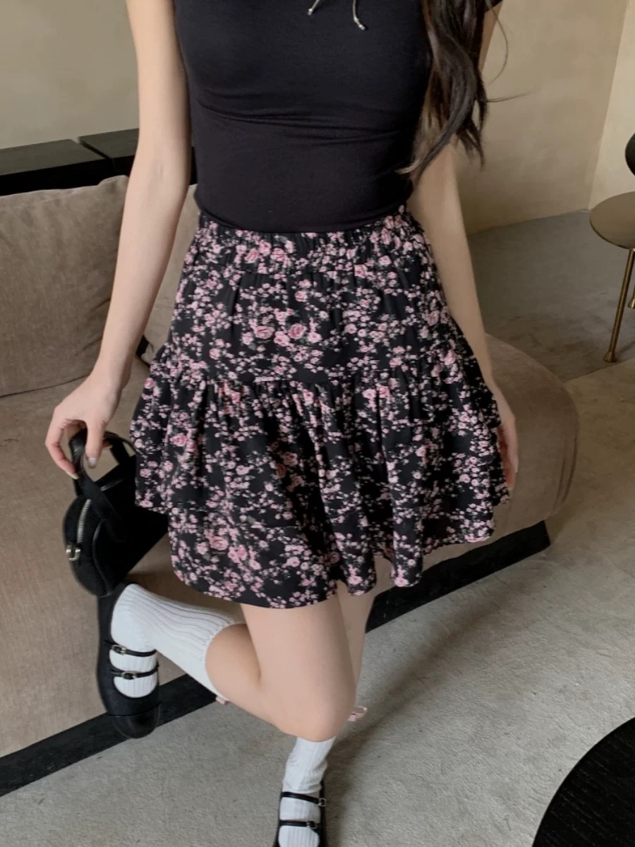 88831夏季新款小个子高腰显瘦碎花半身裙短款