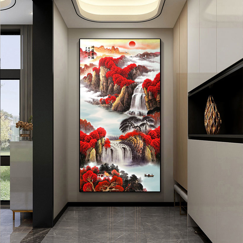 入门玄关装饰画走廊过道山水竖版画鸿运当头沙发背景大幅山水国画