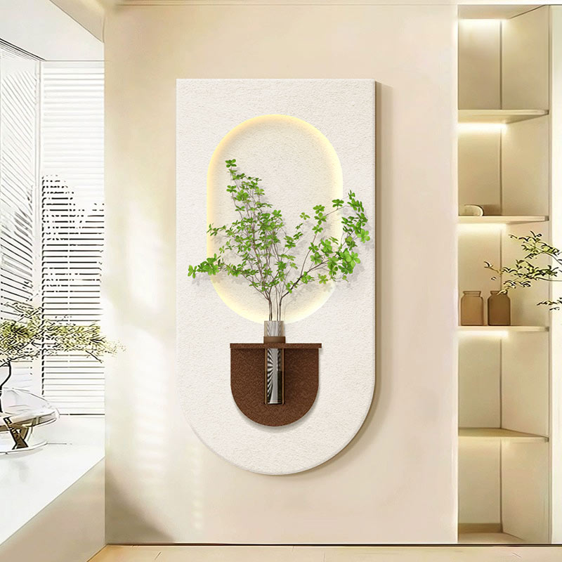 奶油风入户玄关砂岩画水培绿植装饰画轻奢客厅高级感走廊过道挂画