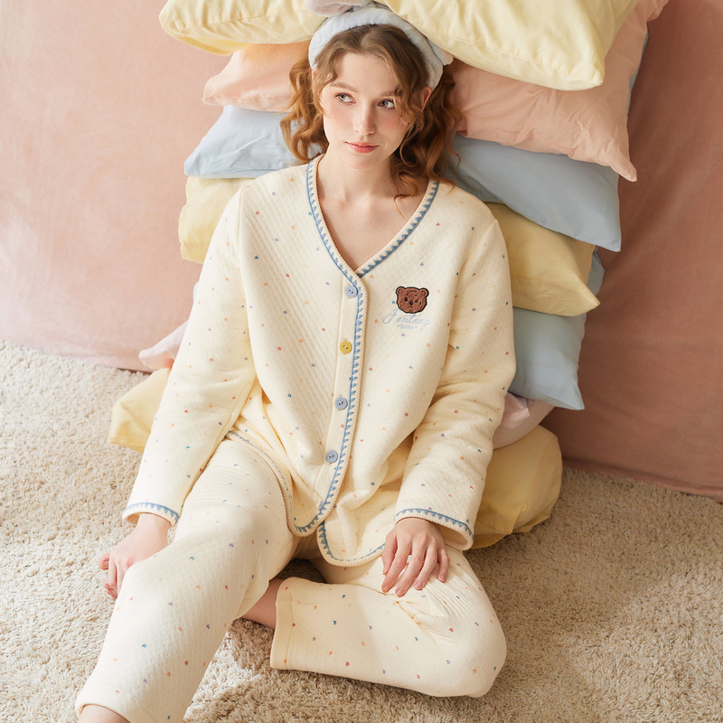 芬腾女士睡衣新款秋冬季空气棉夹层针织薄夹棉长袖套装女款家居服