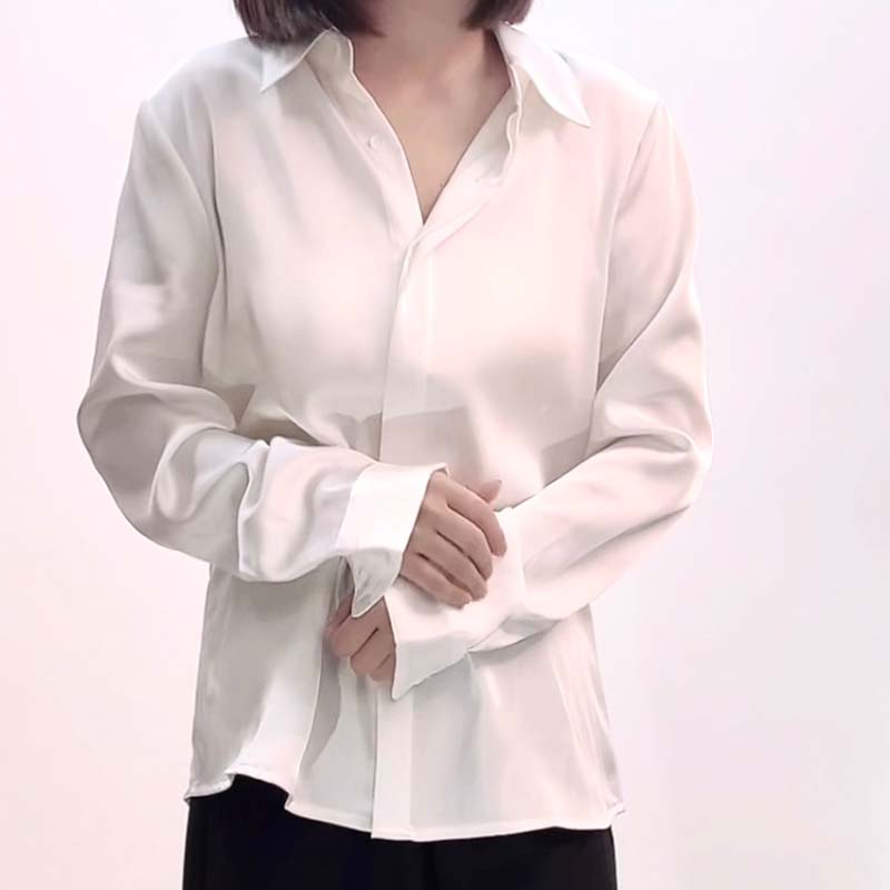 宽松型长袖衬衫女款春秋简约光泽感白色衬衣2025秋季休闲百搭小众