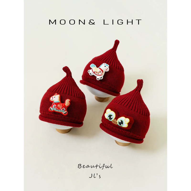 马年新年宝宝帽子秋冬季红色加厚保暖防风男女针织毛线婴儿护耳帽