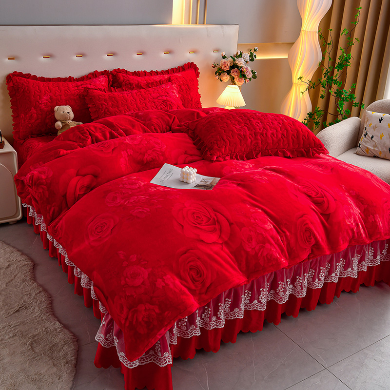 2025新款时尚印花牛奶绒床盖加绒韩版双面绒毛绒四件套加厚夹棉