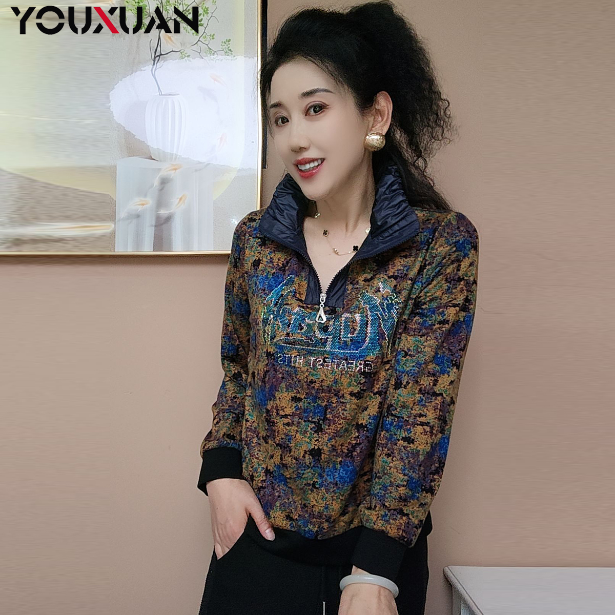 秋冬新款百搭韩版潮流时尚宽松长袖花苞领女士上衣7906