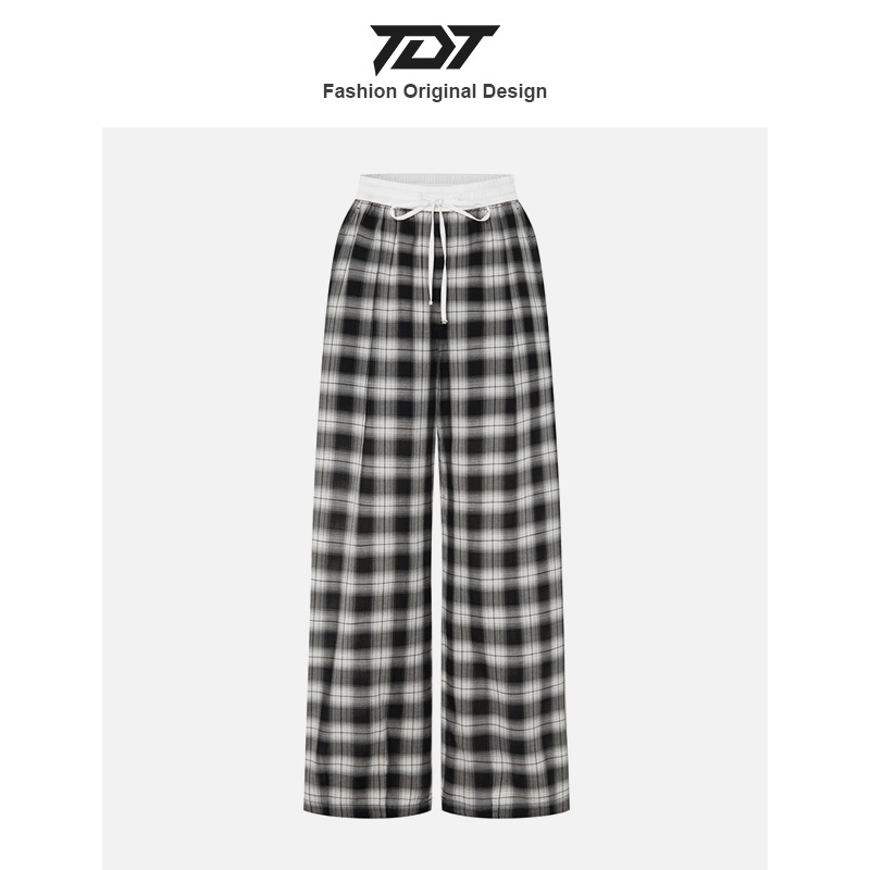 「TDT」经典黑白格纹长裤2025夏季新款天丝混纺松紧高腰拼接休闲裤