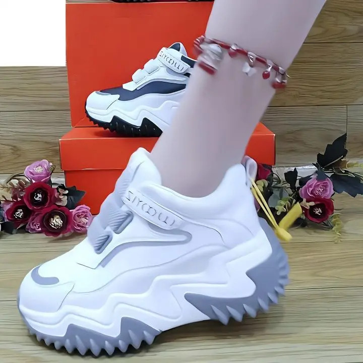 春秋季新款老爹鞋小个子厚底增高百搭防滑透气皮面软底老爹鞋女鞋