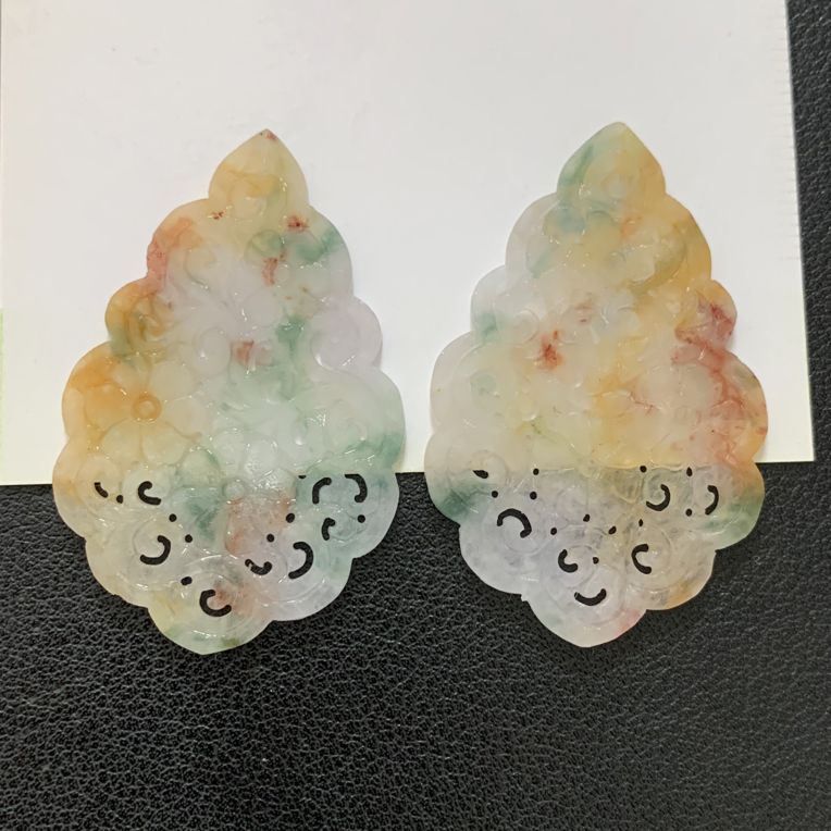 五彩镂空雕花翡翠耳坠花片