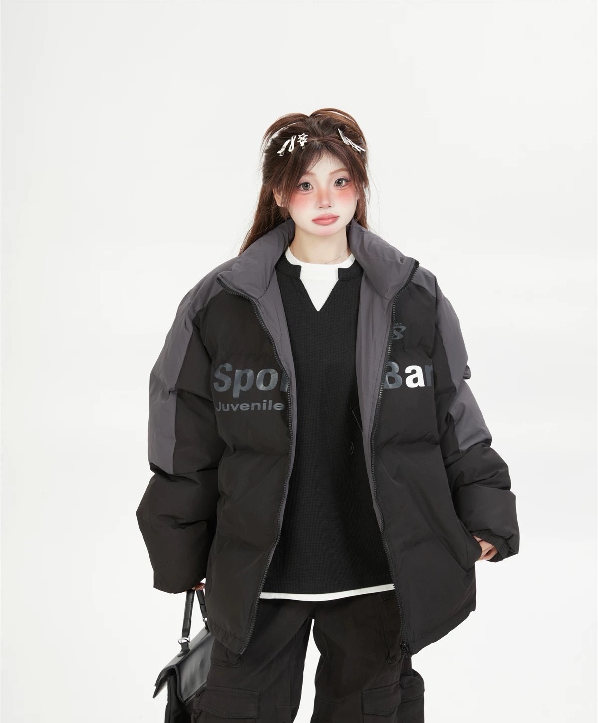 【MY677~棉服】冬季字母印花面包服美式休闲拼接插肩袖立领棉服