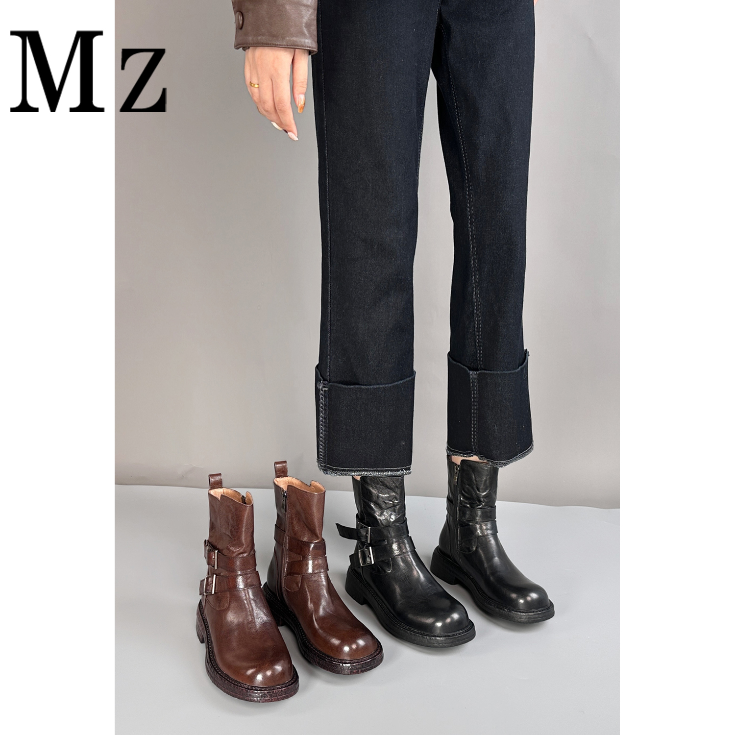 Mr.Zheng/4cm/水洗头层牛皮/复古百搭真皮短靴秋冬女皮带扣靴子