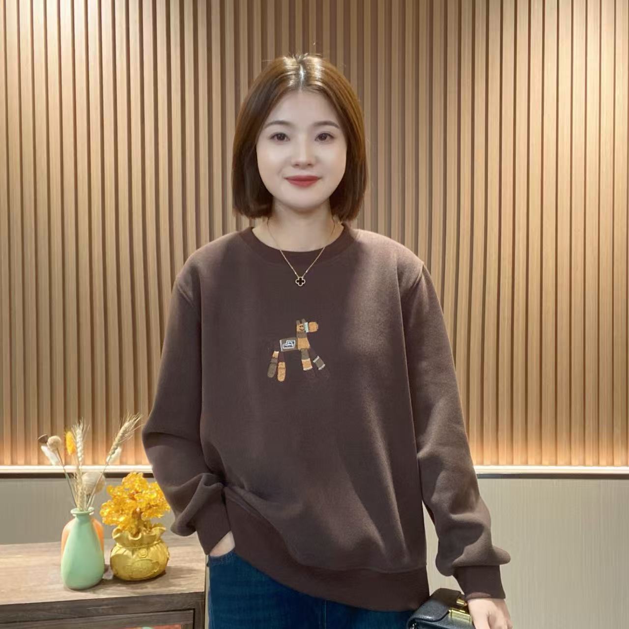 2025秋冬新款时尚百搭休闲宽松重工刺绣加绒圆领小马卫衣D4687