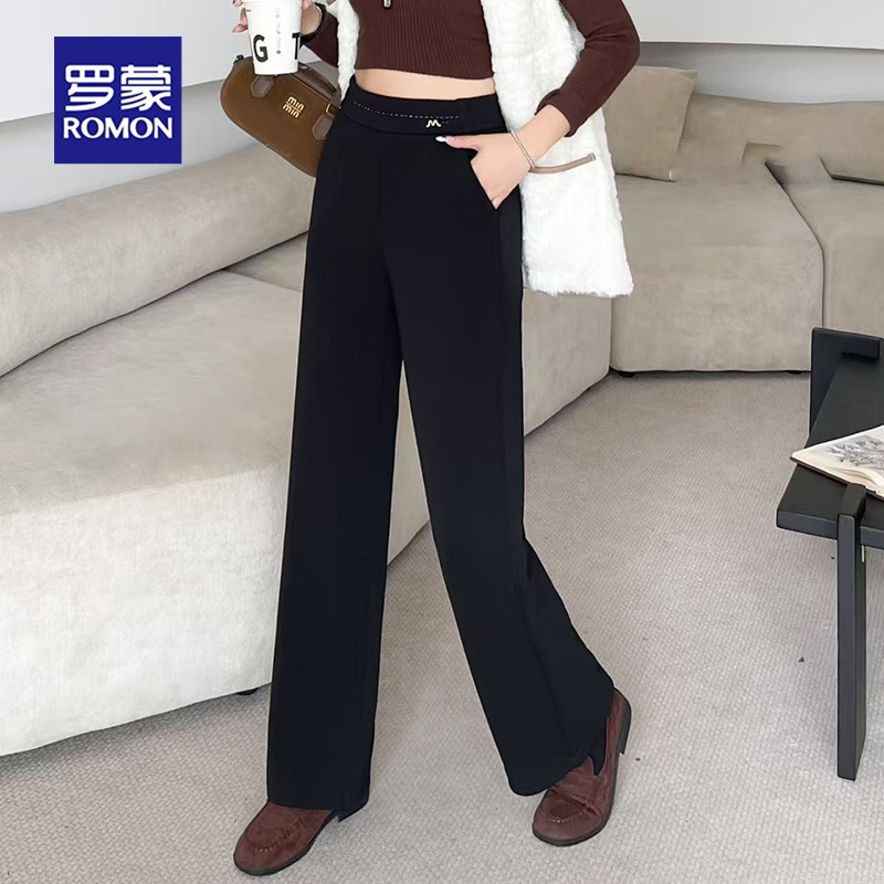 罗蒙时尚妈妈松紧高腰休闲直筒长裤新款洋气宽松阔腿裤中老年裤子