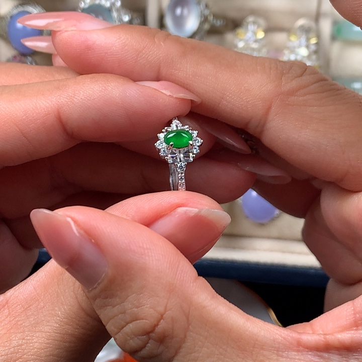 翡翠银S925镶嵌戒指缅甸天然翡翠Ａ货