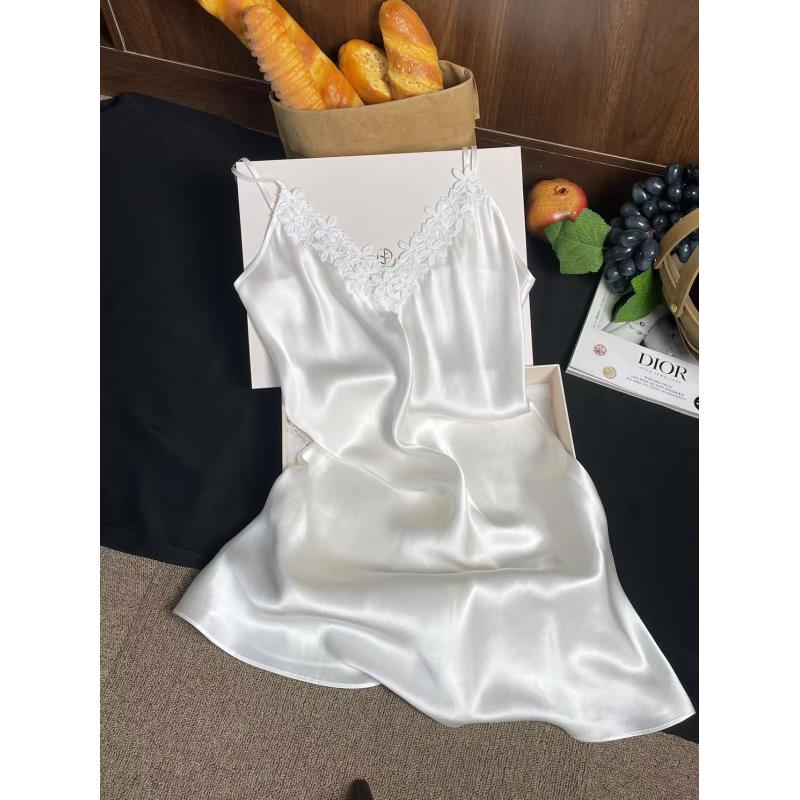 【睡衣工厂直销】真丝睡裙100%桑蚕丝吊带蕾丝女士D2195