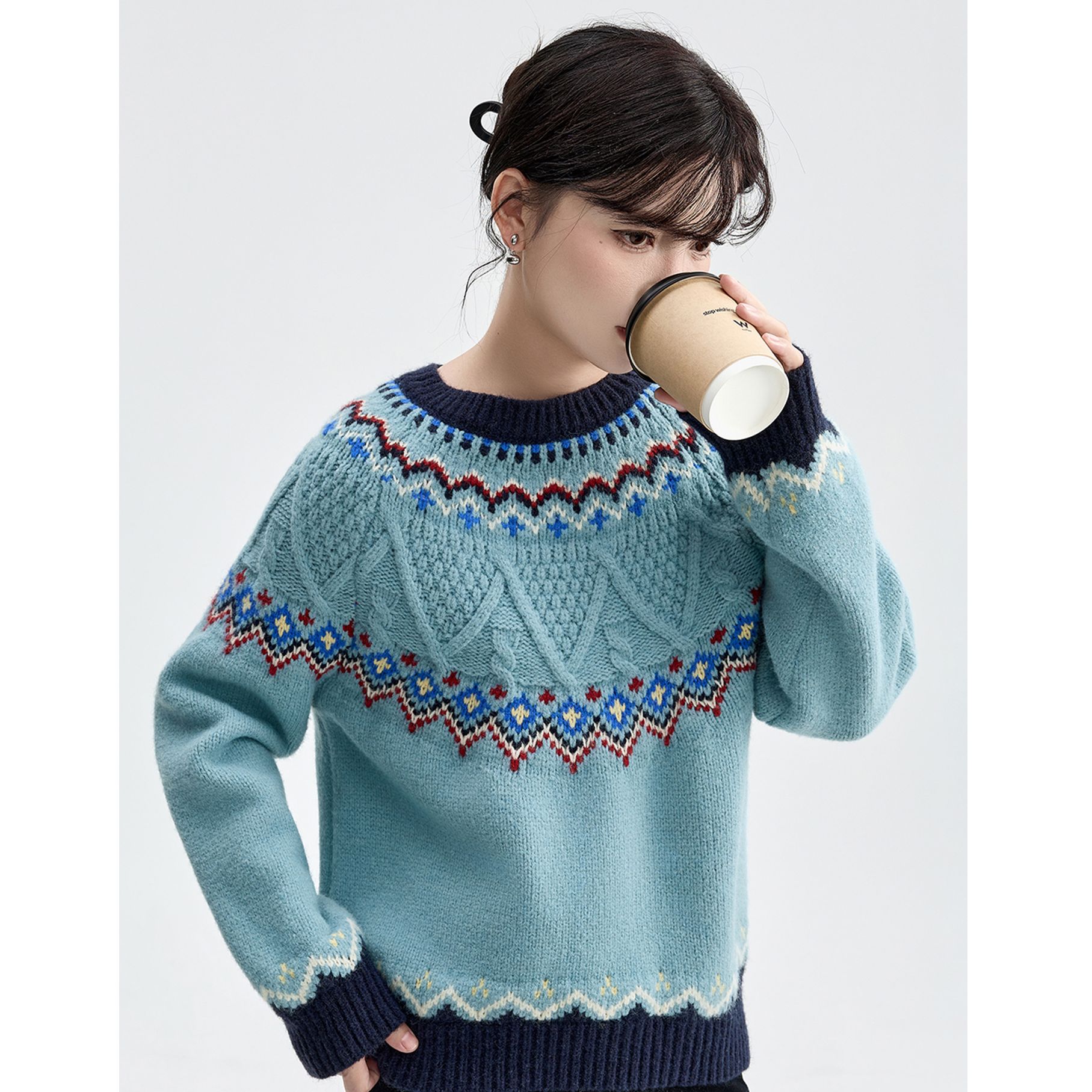 法式复古撞色费尔岛长袖毛衣秋冬慵懒风设计感保暖毛衣SS7339