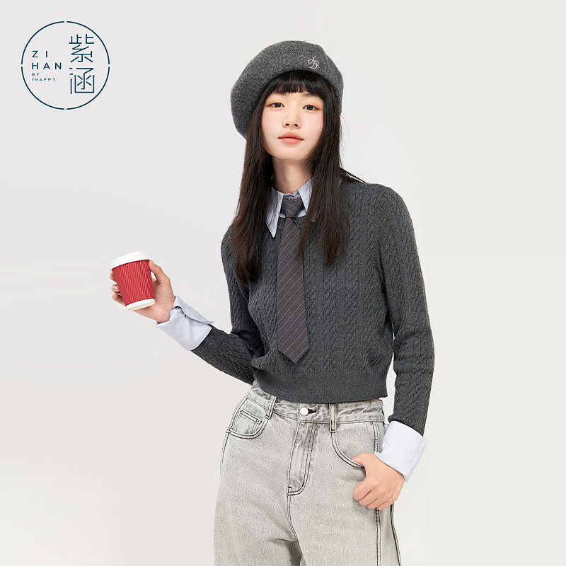 紫涵短款假两件衬衫领针织衫领带毛衣Z4Z10JS695