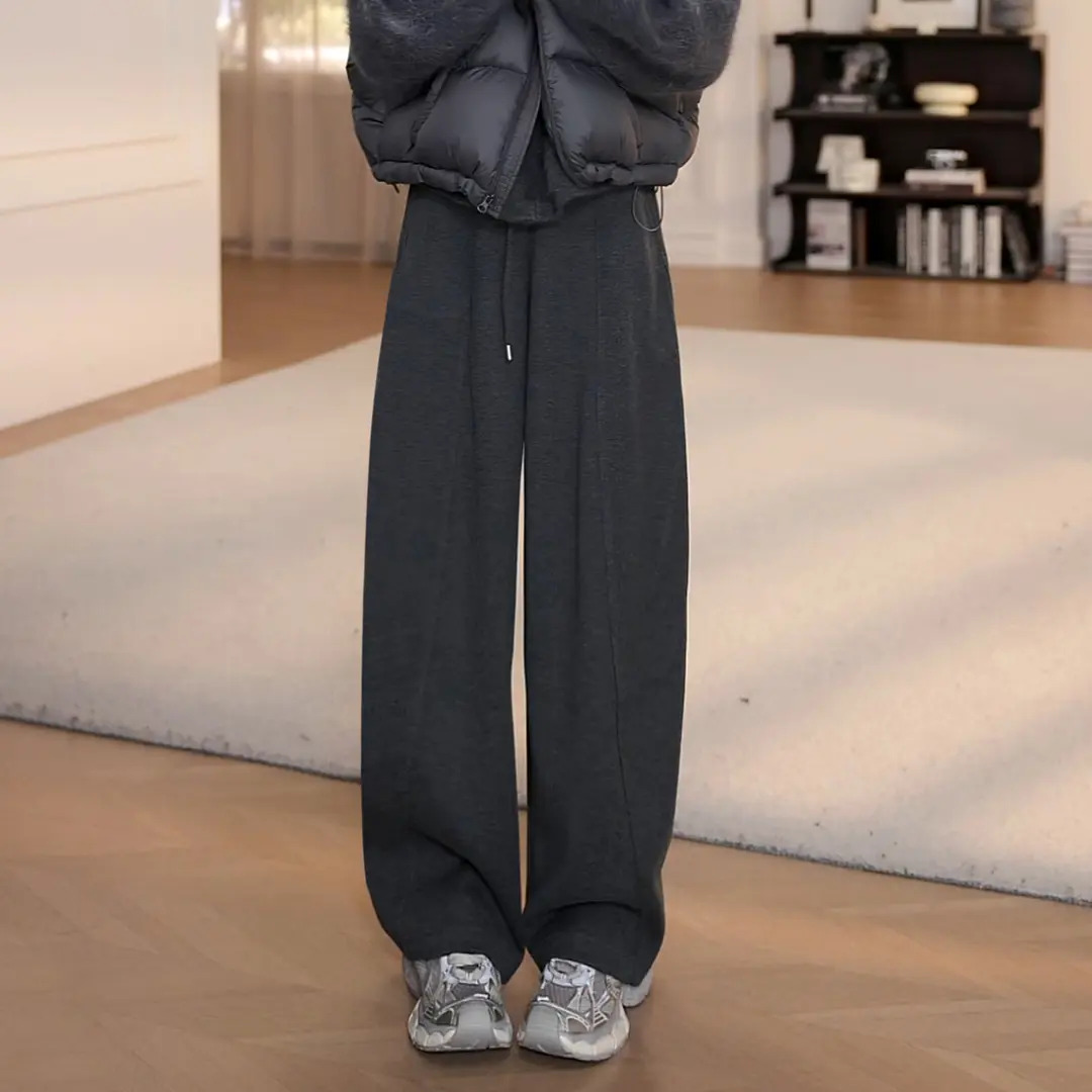 灰色加绒休闲裤女小个子秋冬新款高腰直筒阔腿裤长裤5506