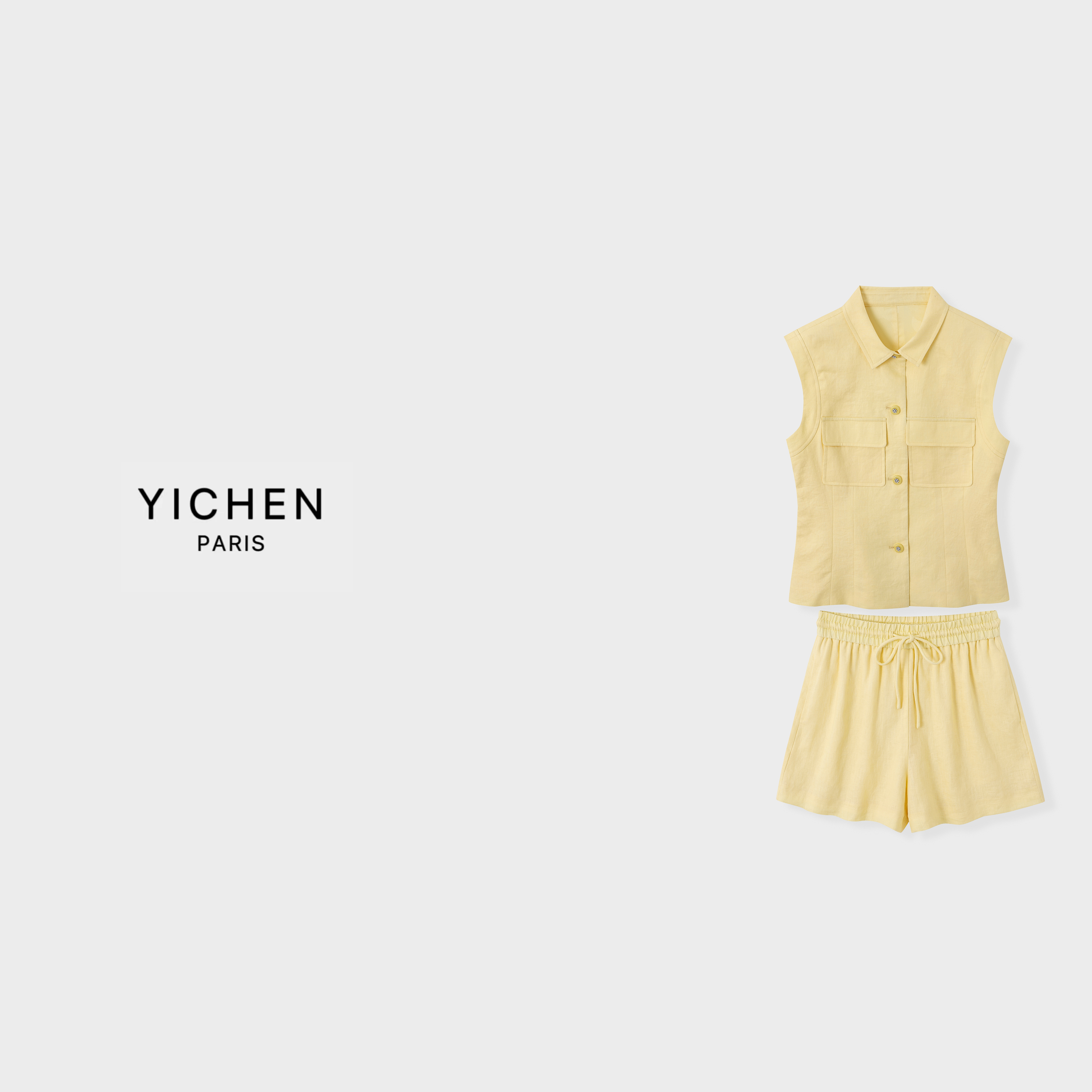 YC 鹅蛋黄双口袋立裁无袖收腰马甲/鹅蛋黄抽绳休闲短裤-1996