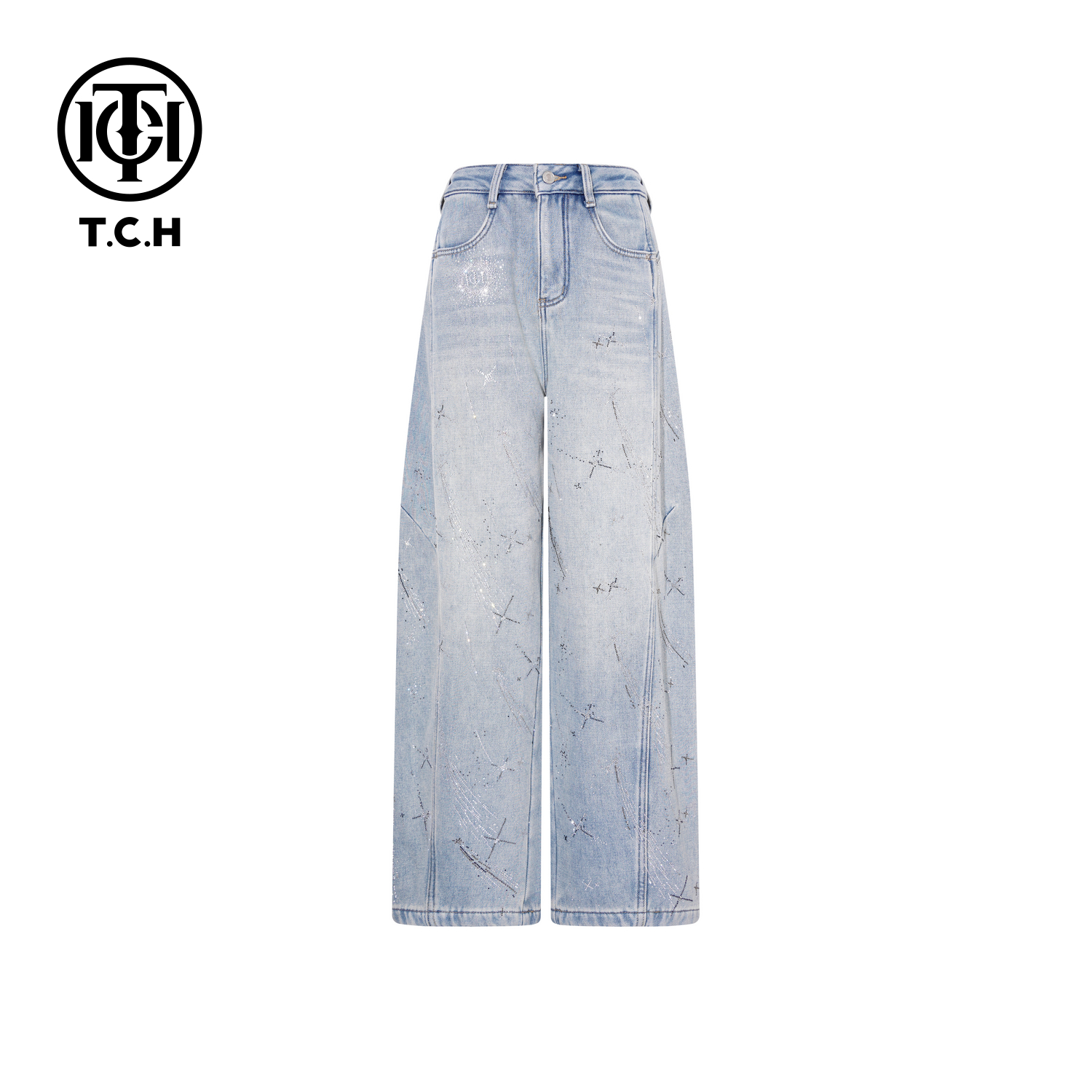 TCH【直筒】冬款百搭时尚烫钻慵懒风浅蓝色直筒牛仔裤T75D20E1235