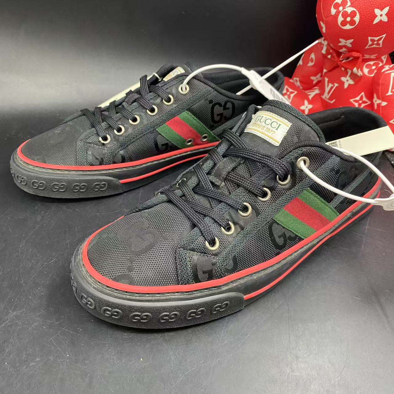 95新 GUCCI/古驰 黑色ACE1977老花暗纹时尚板鞋41欧码ddm1959