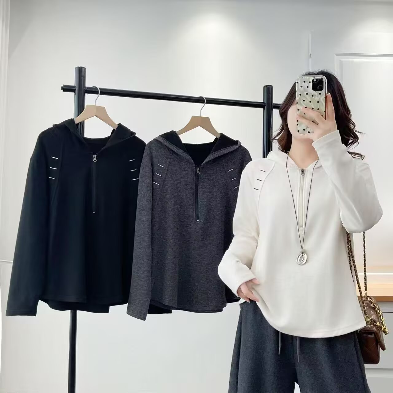 无品牌欣宇大码洋气显瘦秋冬连帽慕斯绒休闲长袖打底衫#依8645