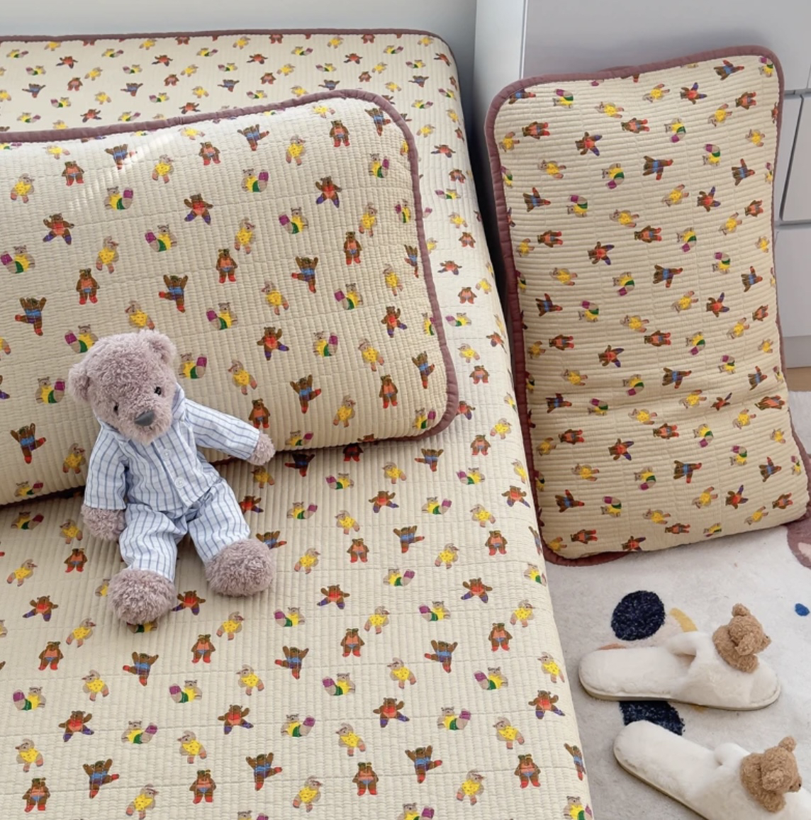 A类韩国全棉绗缝夹棉床盖ins风印花三件套可铺可盖不滑床可单拍