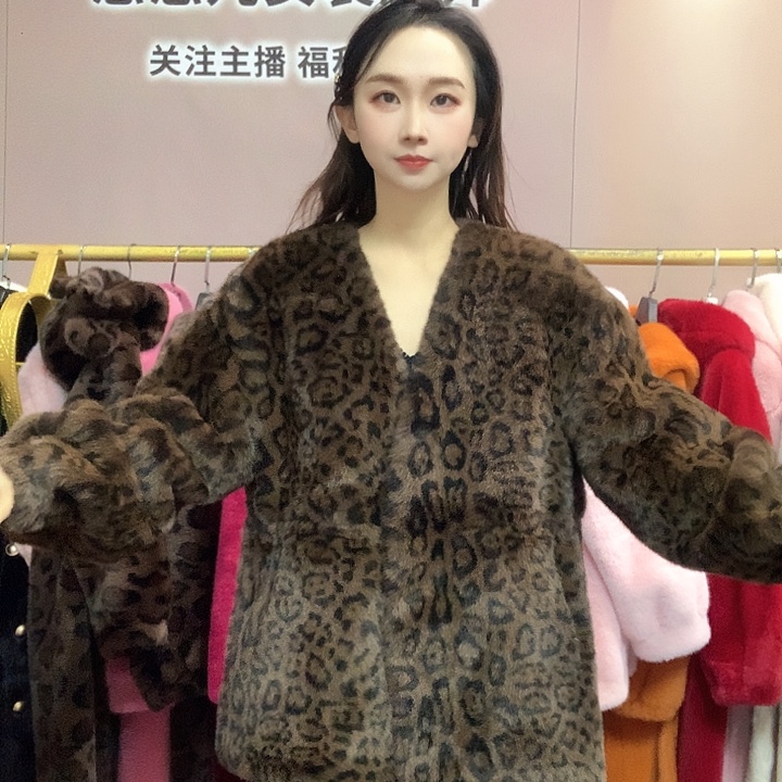 V领豹纹抽绳短外套