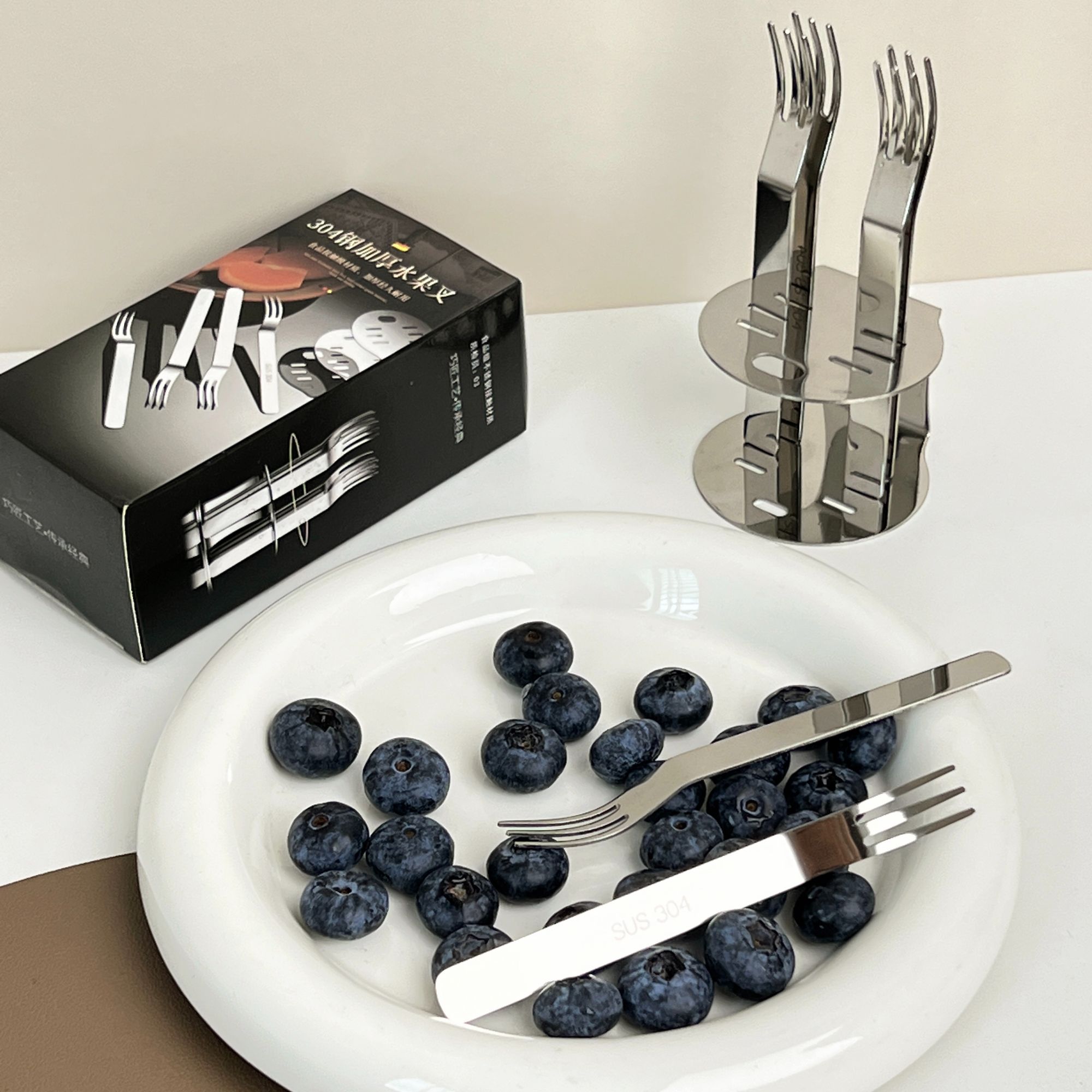 【新品上架】新款304水果叉6支装送底座 加厚甜品叉蛋糕小叉子套装