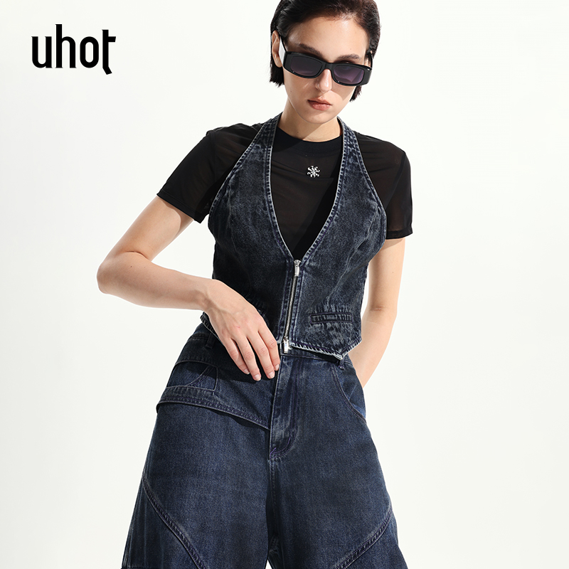 UHOT 黑蓝色运动街头风拼接假两件设计休闲T恤上衣女装 UWWR2N482