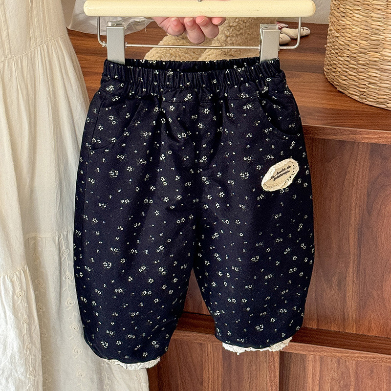 婴幼儿冬装夹棉裤子可爱女宝宝碎花贴标束脚裤女童一体绒长裤 a类