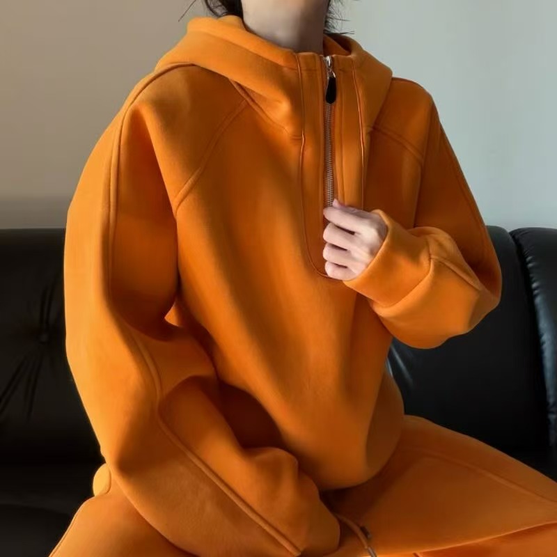 情侣男女休闲风时尚百搭纯色套头卫衣运动秋冬拉链帽衫宽松5527