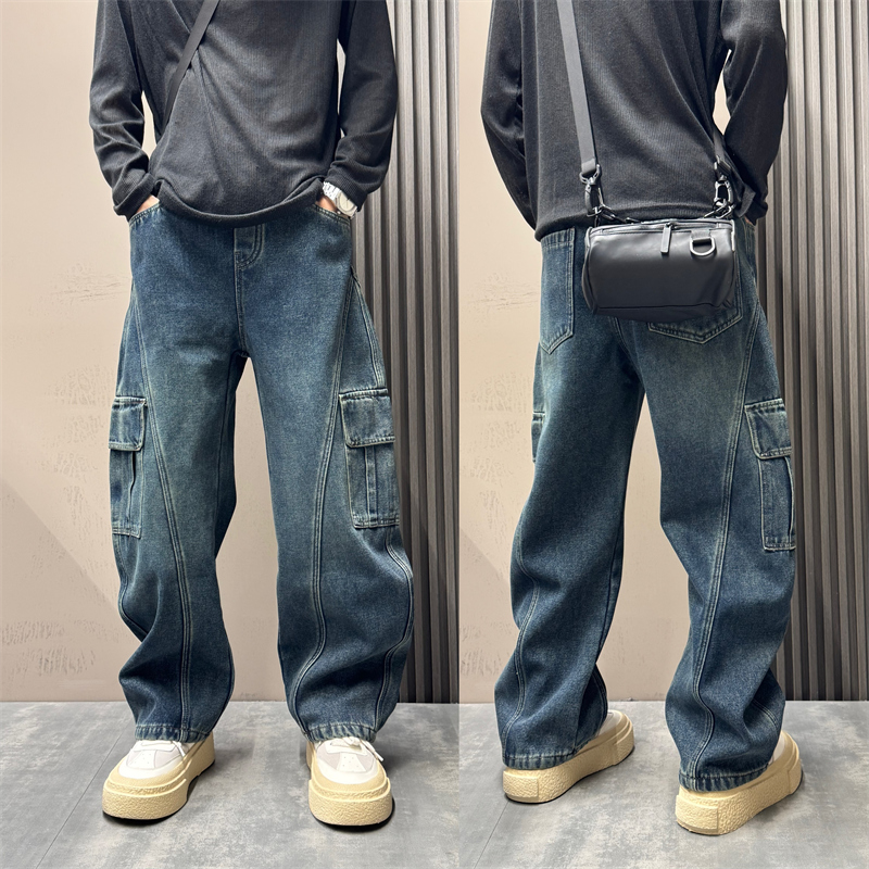 2025美式潮流秋冬长裤男痞帅设计感工装阔腿加绒加厚弯刀牛仔裤