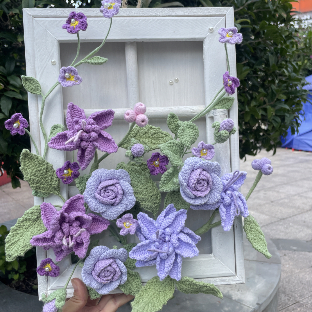 纯手工钩织紫色玫瑰画框墙挂背景画新婚花束生日礼物成品