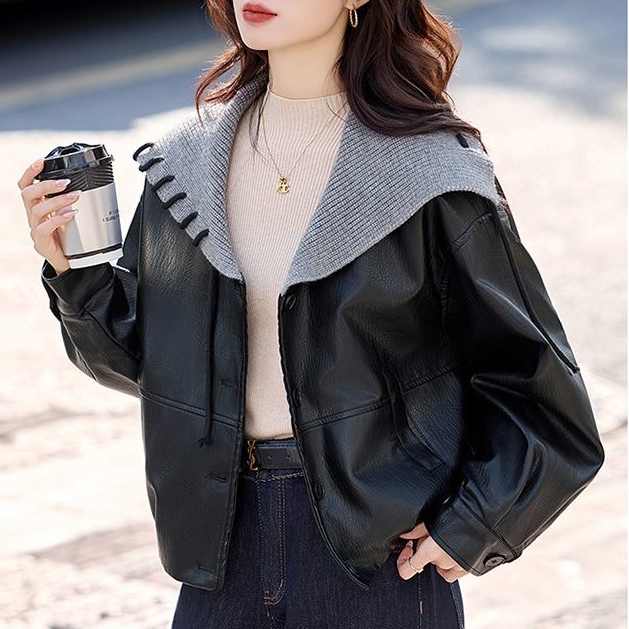 2025爆款针织海军领加绒皮衣女短款时尚洋气秋冬外套时尚皮毛一体